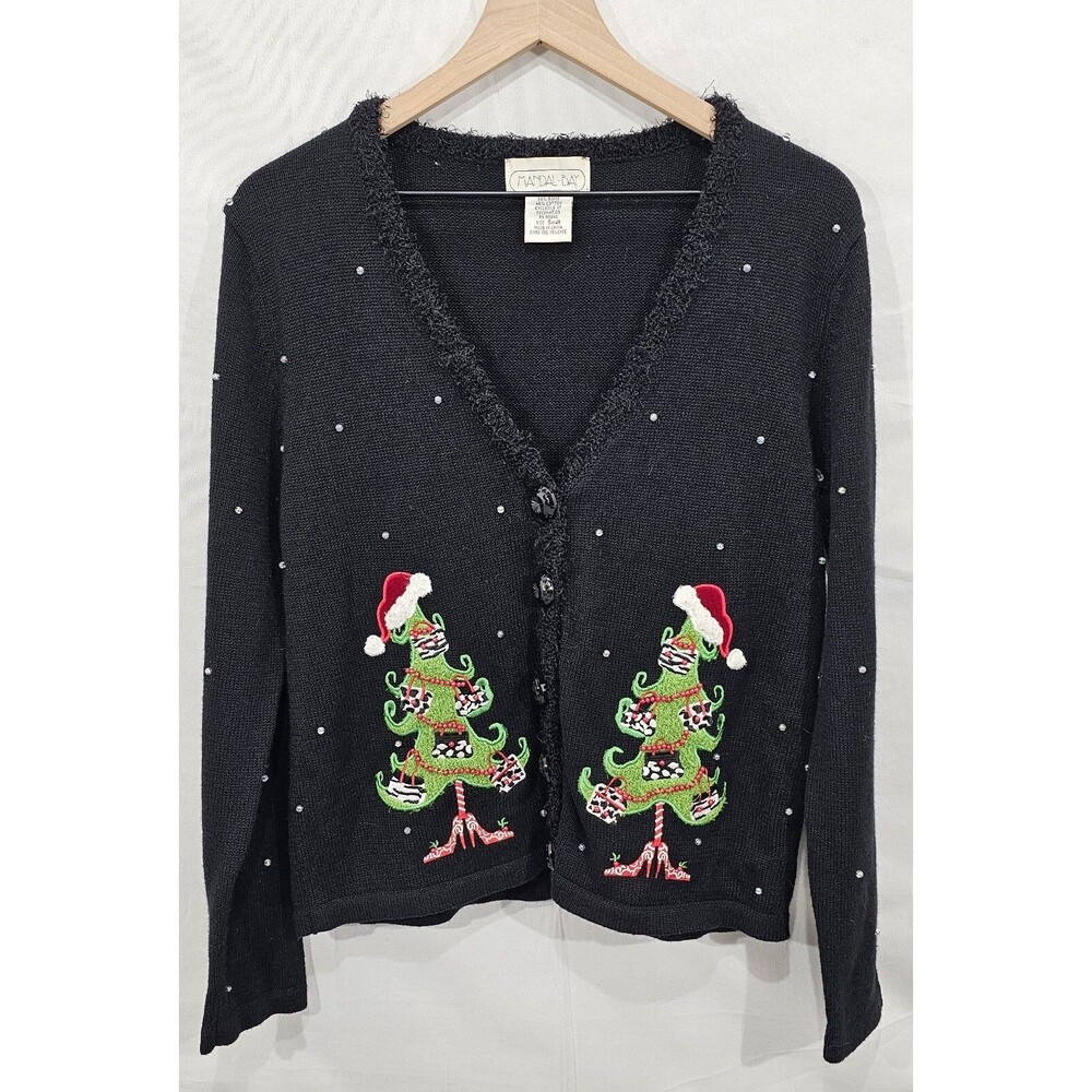 VTG 90s Mandal Bay Ugly Christmas Cardigan Sweater Beaded Tree Whimsical Holiday